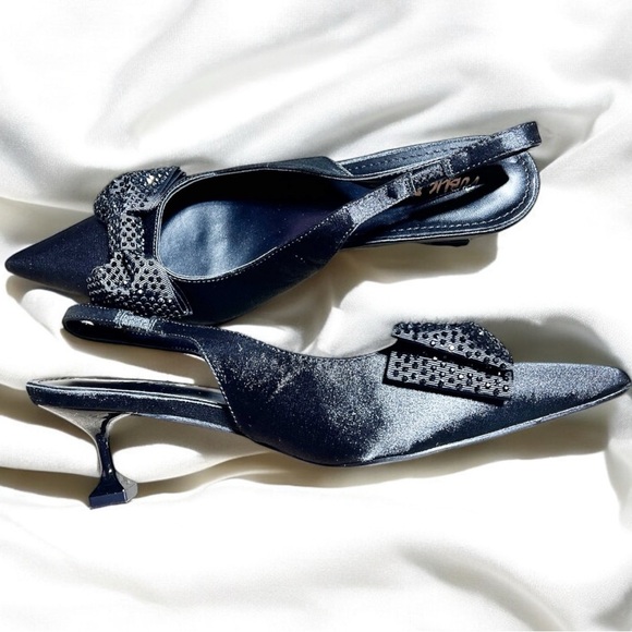 Size 9………Black Satin Rhinestone Bow Buckle Heels.  PUBLIC DESIRE - Picture 4 of 8